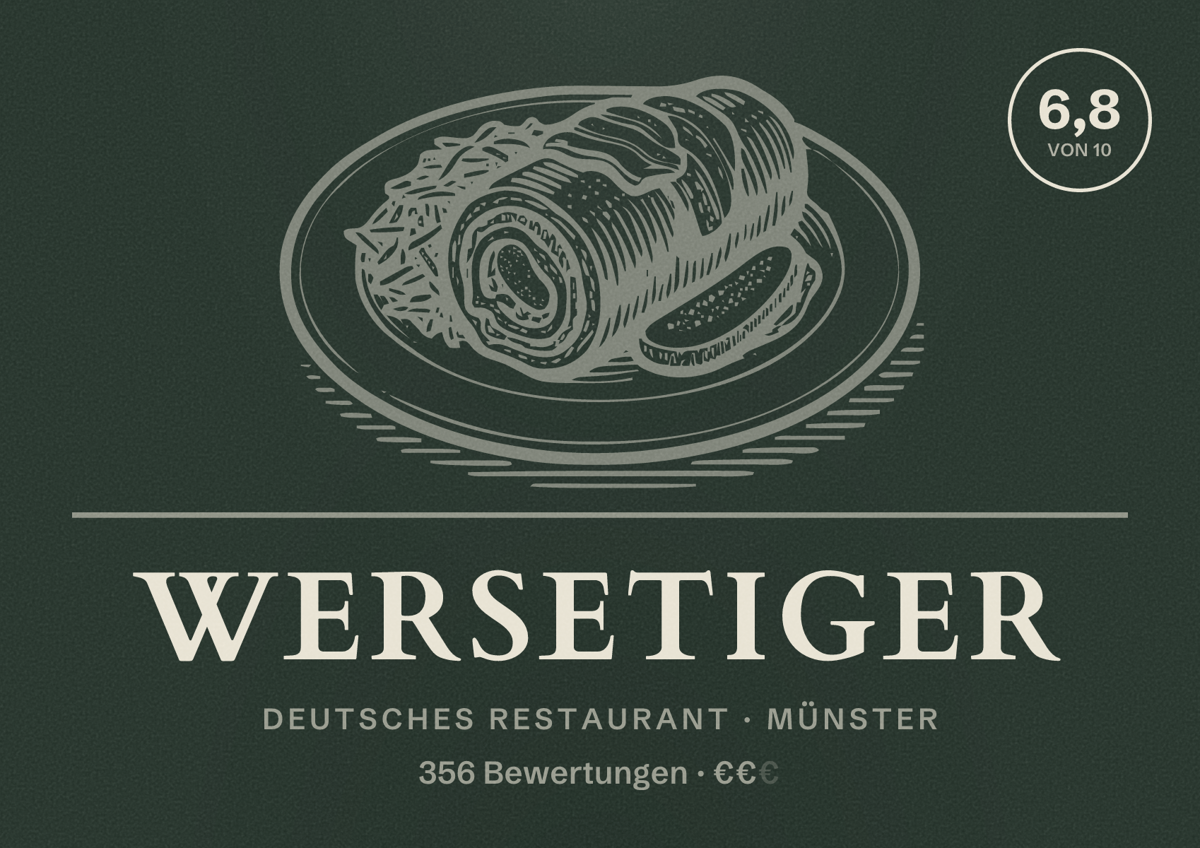 Illustriertes Poster von Wersetiger, Deutsches Restaurant in Münster: Bewertung 6,8 von 10 aus 356 Bewertungen, Preisniveau €€