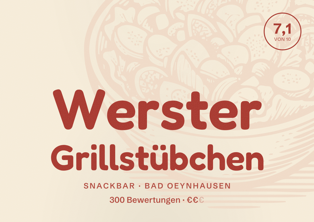 Illustriertes Poster von Werster Grillstübchen, Snackbar in Bad Oeynhausen: Bewertung 7,1 von 10 aus 300 Bewertungen, Preisniveau €€
