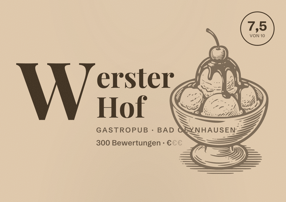 Illustriertes Poster von Werster Hof, Gastropub in Bad Oeynhausen: Bewertung 7,5 von 10 aus 300 Bewertungen, Preisniveau €