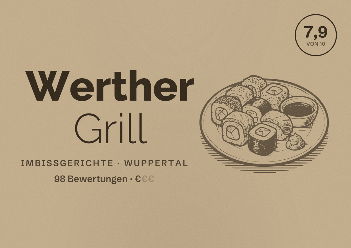Illustriertes Poster von Werther Grill, Imbissgerichte in Wuppertal: Bewertung 7,9 von 10 aus 98 Bewertungen, Preisniveau €