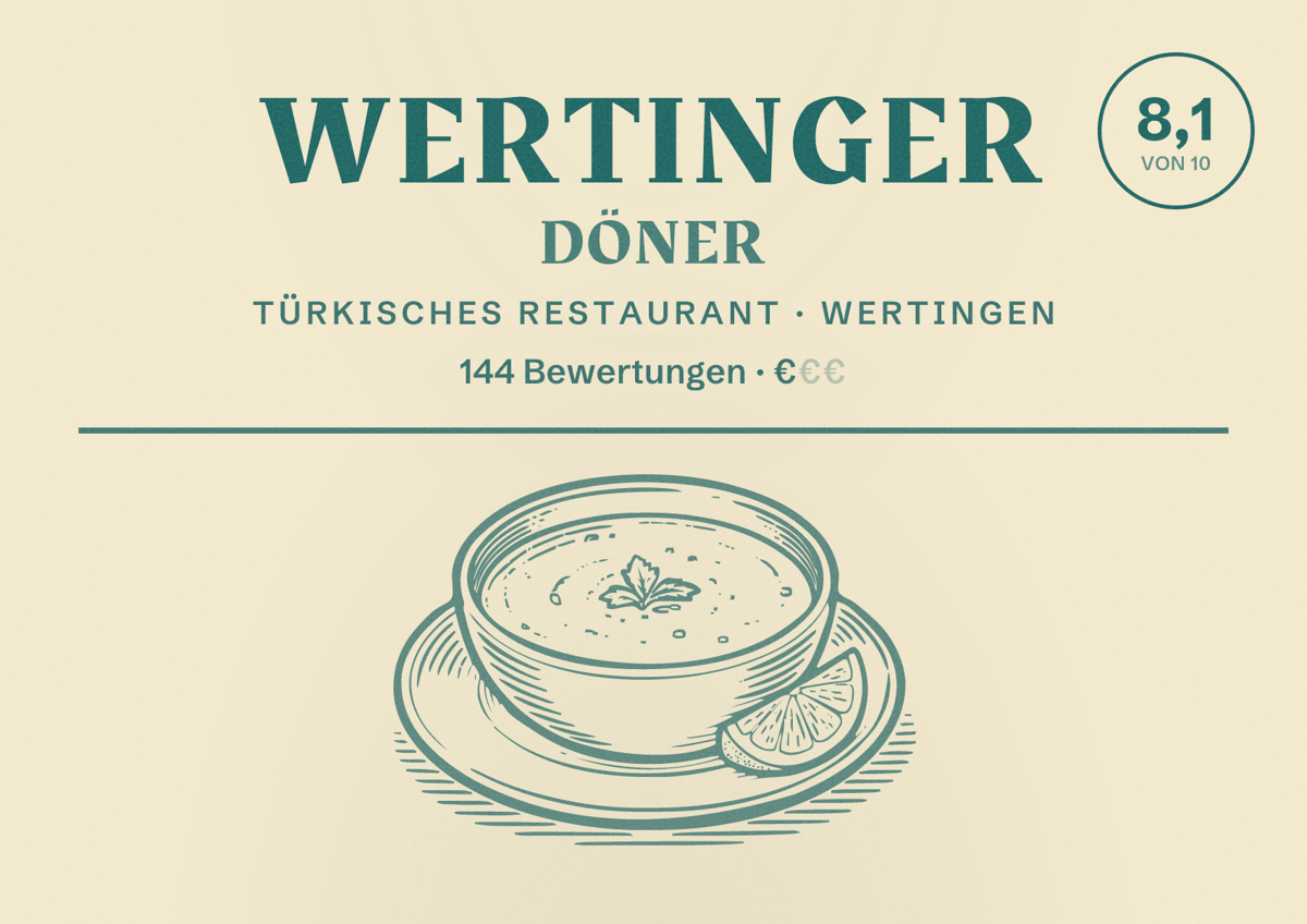 Illustriertes Poster von Wertinger Döner, Türkisches Restaurant in Wertingen: Bewertung 8,1 von 10 aus 144 Bewertungen, Preisniveau €