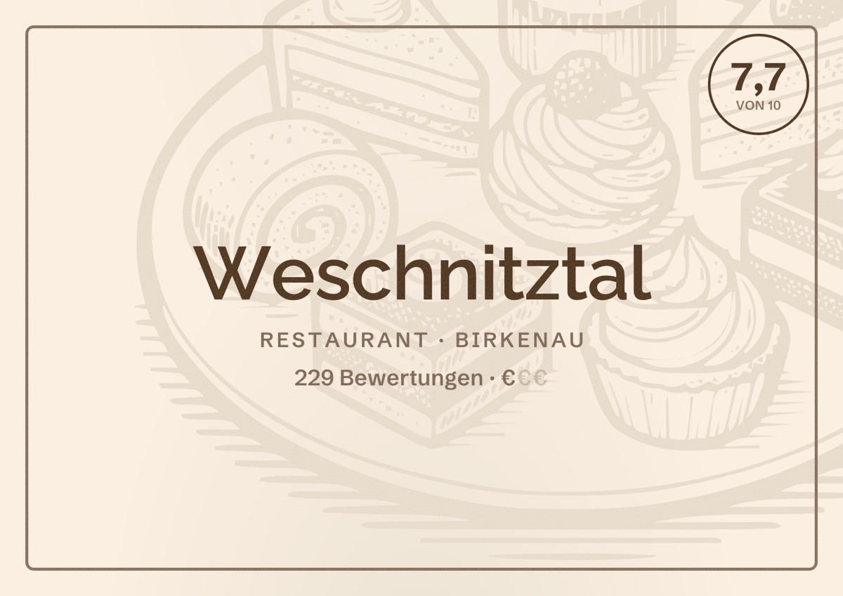Illustriertes Poster von Weschnitztal, Restaurant in Birkenau: Bewertung 7,7 von 10 aus 229 Bewertungen, Preisniveau €