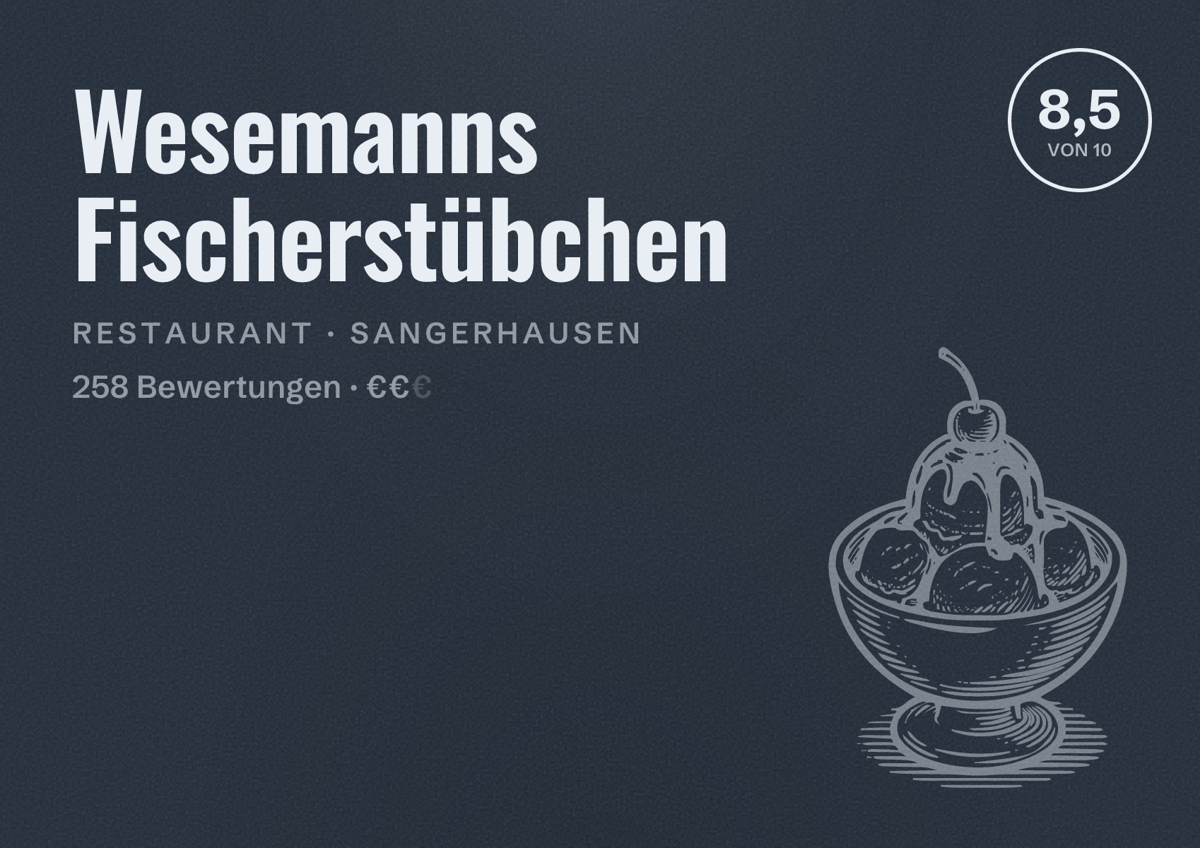 Illustriertes Poster von Wesemanns Fischerstübchen, Restaurant in Sangerhausen: Bewertung 8,5 von 10 aus 258 Bewertungen, Preisniveau €€