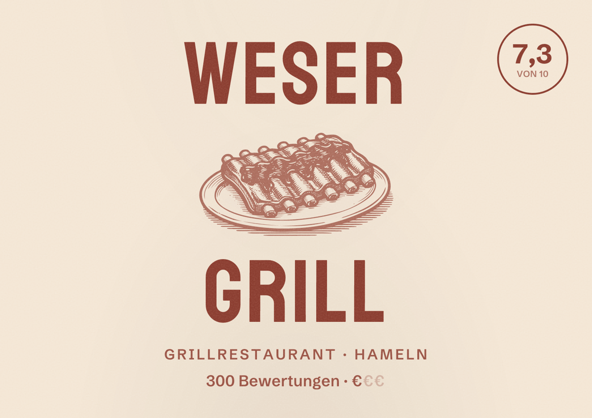 Illustriertes Poster von Weser Grill, Grillrestaurant in Hameln: Bewertung 7,3 von 10 aus 300 Bewertungen, Preisniveau €