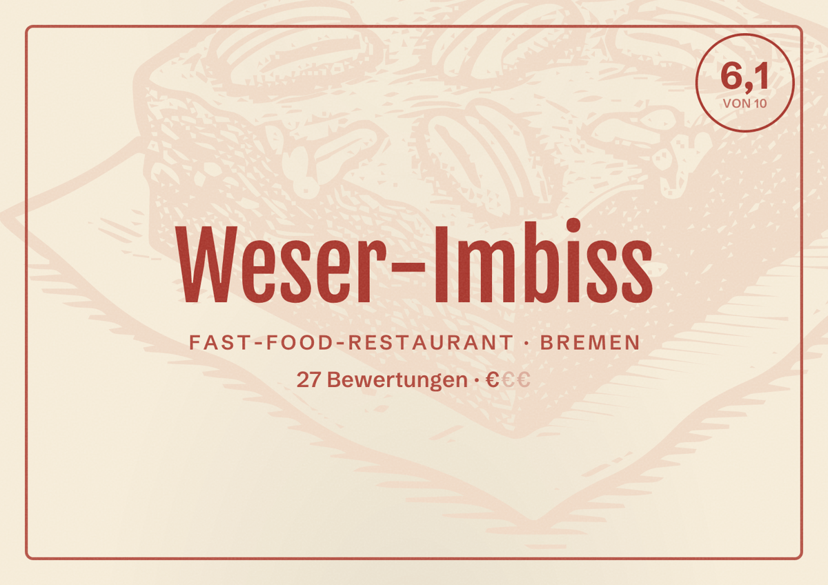 Illustriertes Poster von Weser-Imbiss, Fast-Food-Restaurant in Bremen: Bewertung 6,1 von 10 aus 27 Bewertungen, Preisniveau €