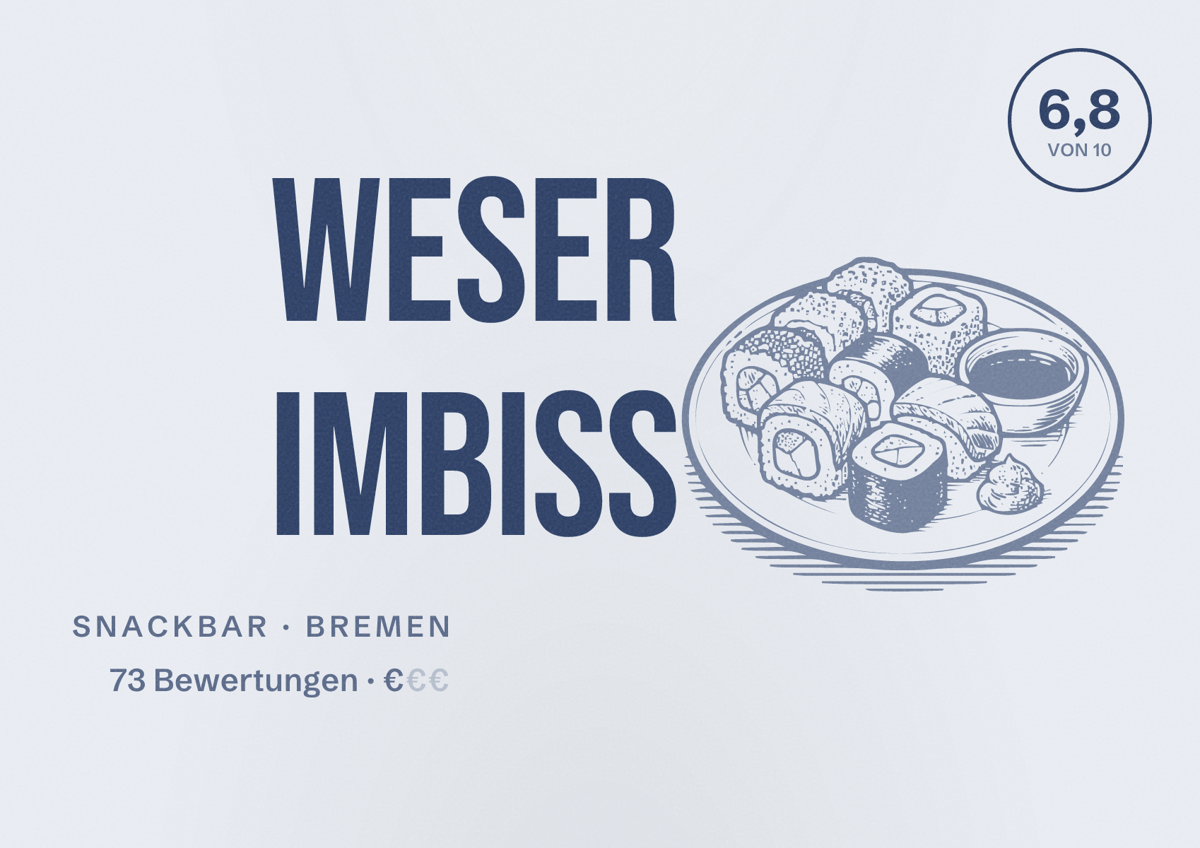 Illustriertes Poster von Weser Imbiss, Snackbar in Bremen: Bewertung 6,8 von 10 aus 73 Bewertungen, Preisniveau €