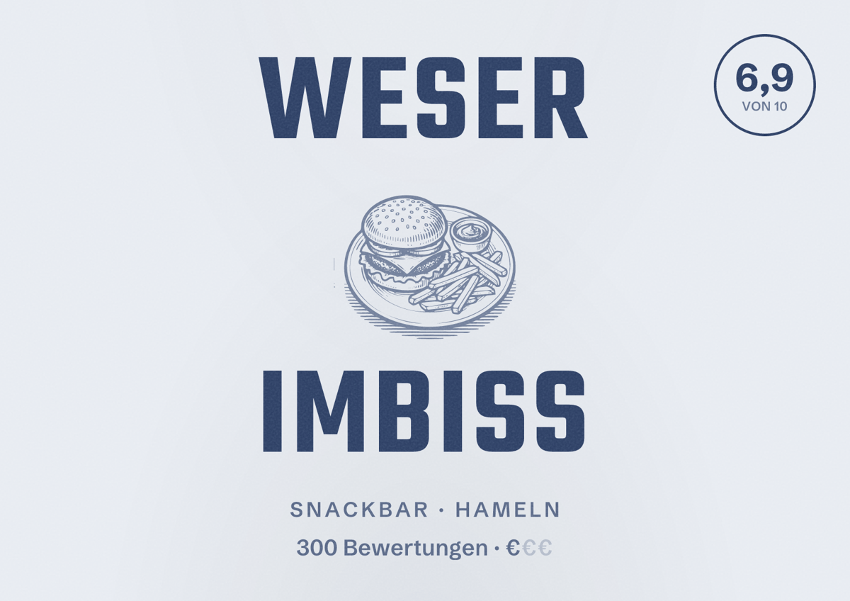 Illustriertes Poster von Weser Imbiss, Snackbar in Hameln: Bewertung 6,9 von 10 aus 300 Bewertungen, Preisniveau €
