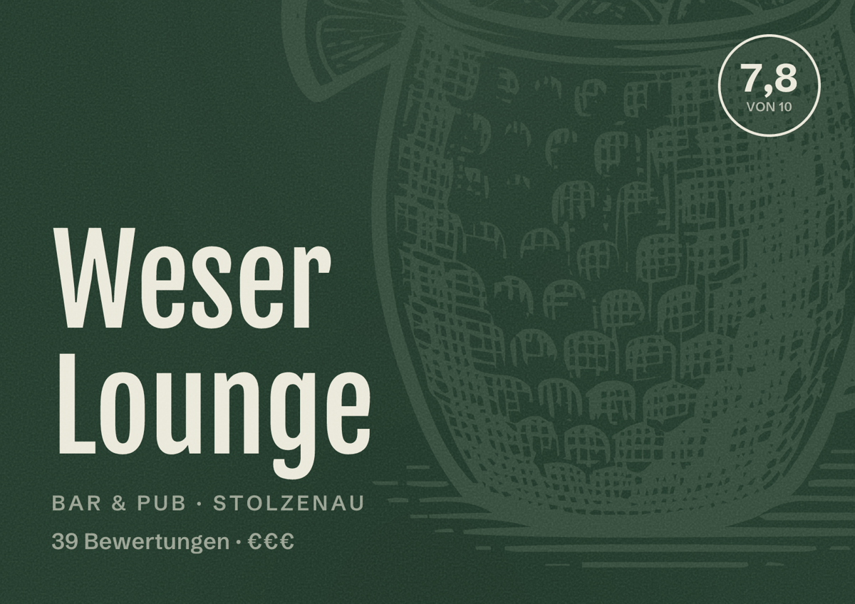 Illustriertes Poster von Weser Lounge, Bar & Pub in Stolzenau: Bewertung 7,8 von 10 aus 39 Bewertungen, Preisniveau €€€