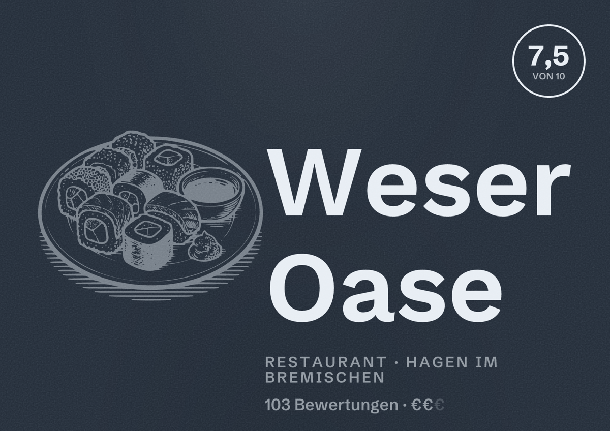 Illustriertes Poster von Weser Oase, Restaurant in Hagen im Bremischen: Bewertung 7,5 von 10 aus 103 Bewertungen, Preisniveau €€