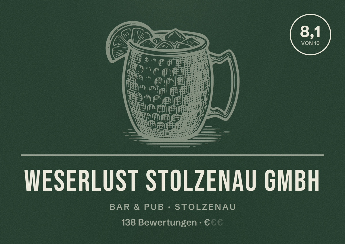 Illustriertes Poster von Weserlust Stolzenau GmbH, Bar & Pub in Stolzenau: Bewertung 8,1 von 10 aus 138 Bewertungen, Preisniveau €