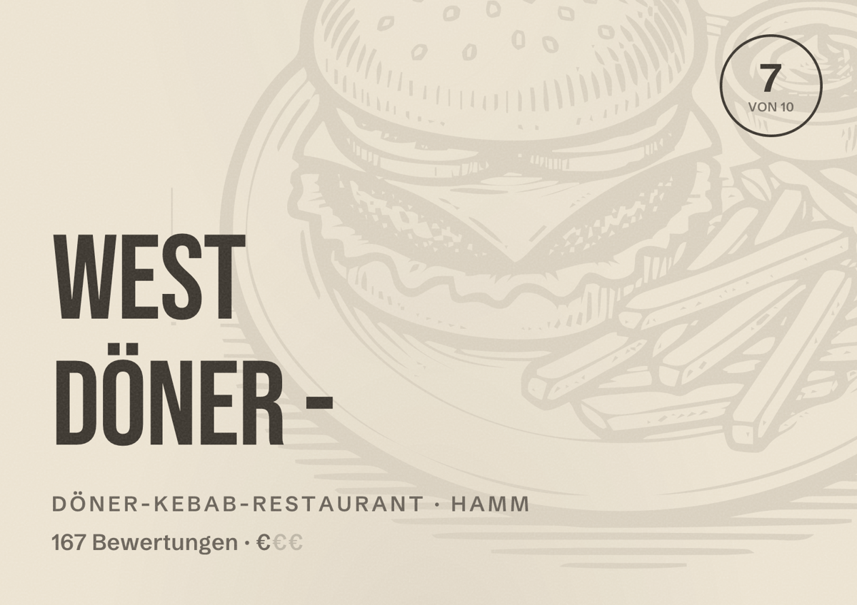 Illustriertes Poster von West Döner -, Döner-Kebab-Restaurant in Hamm: Bewertung 7 von 10 aus 167 Bewertungen, Preisniveau €