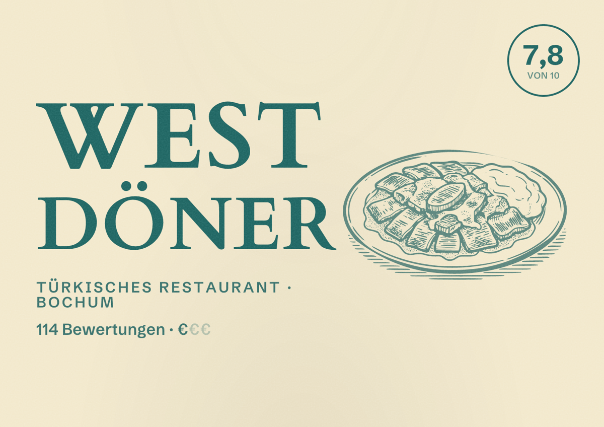 Illustriertes Poster von West Döner, Türkisches Restaurant in Bochum: Bewertung 7,8 von 10 aus 114 Bewertungen, Preisniveau €