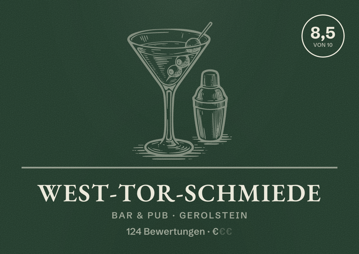 Illustriertes Poster von West-Tor-Schmiede, Bar & Pub in Gerolstein: Bewertung 8,5 von 10 aus 124 Bewertungen, Preisniveau €