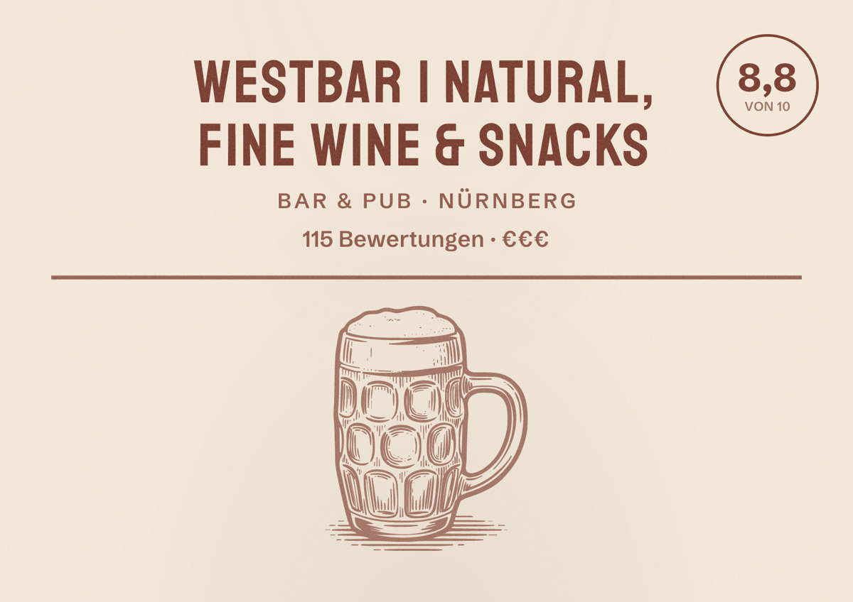 Illustriertes Poster von Westbar | natural, fine wine & snacks, Bar & Pub in Nürnberg: Bewertung 8,8 von 10 aus 115 Bewertungen, Preisniveau €€€