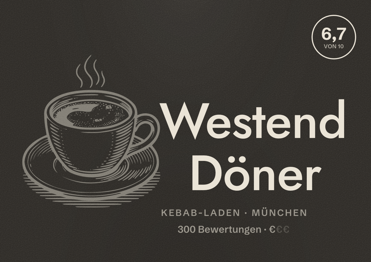 Illustriertes Poster von Westend Döner, Kebab-Laden in München: Bewertung 6,7 von 10 aus 300 Bewertungen, Preisniveau €