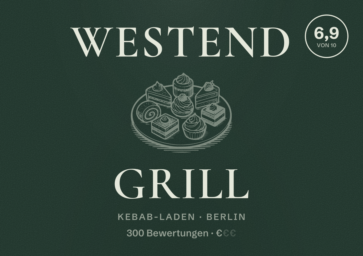 Illustriertes Poster von Westend Grill, Kebab-Laden in Berlin: Bewertung 6,9 von 10 aus 300 Bewertungen, Preisniveau €