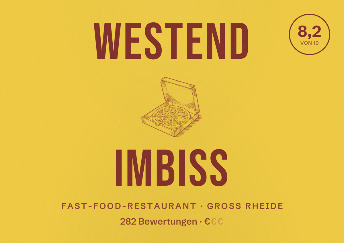 Illustriertes Poster von Westend Imbiss, Fast-Food-Restaurant in Groß Rheide: Bewertung 8,2 von 10 aus 282 Bewertungen, Preisniveau €