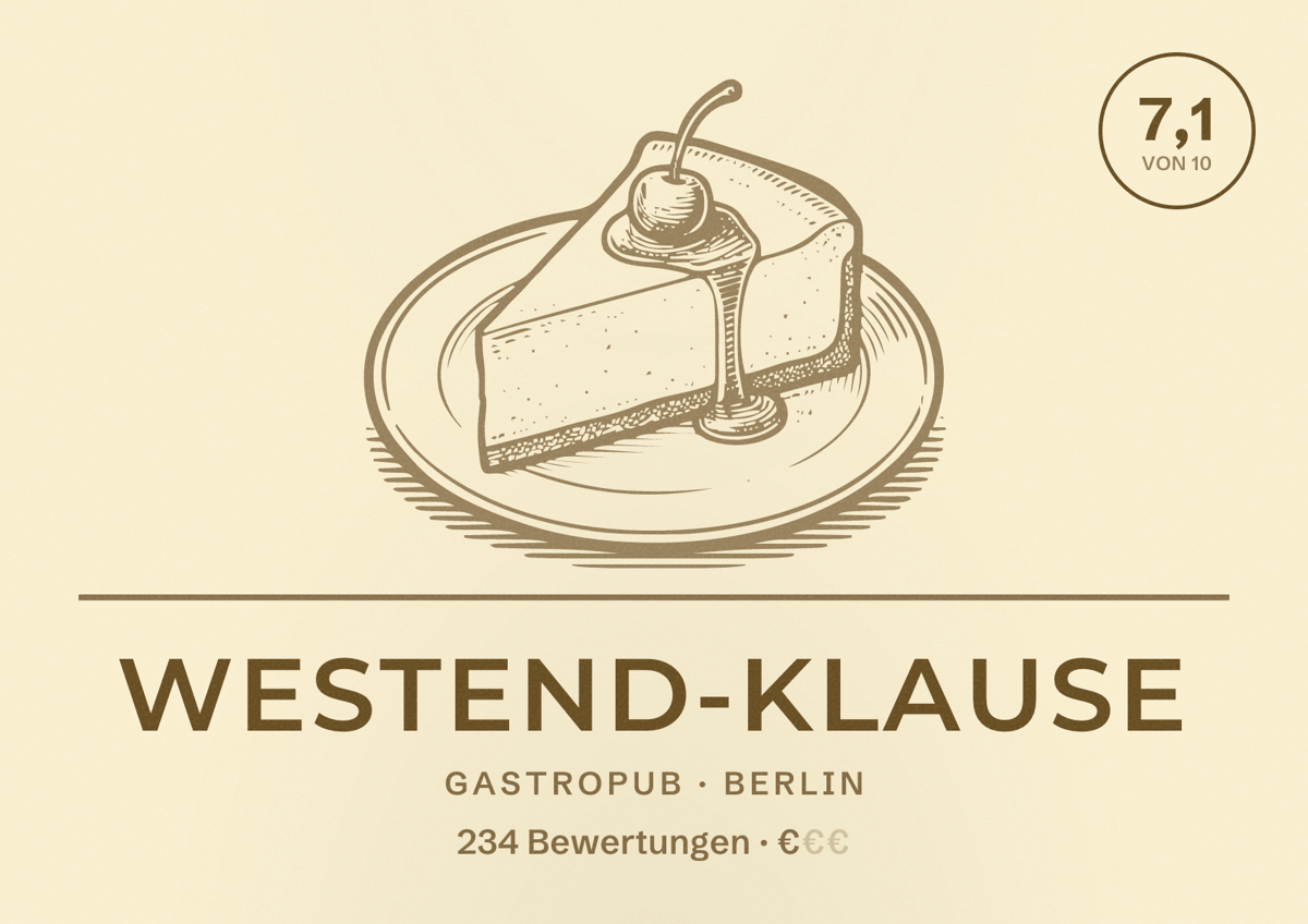 Illustriertes Poster von Westend-Klause, Gastropub in Berlin: Bewertung 7,1 von 10 aus 234 Bewertungen, Preisniveau €