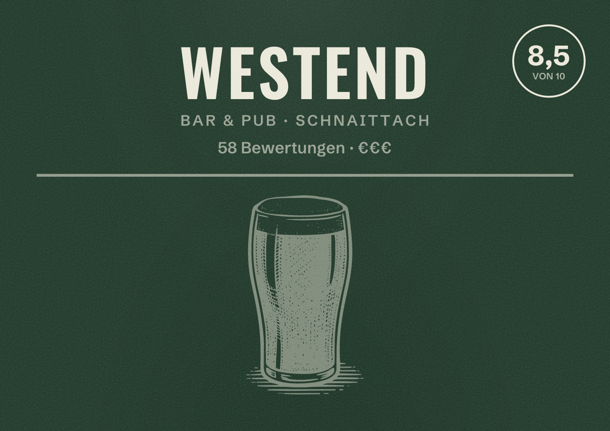 Illustriertes Poster von Westend, Bar & Pub in Schnaittach: Bewertung 8,5 von 10 aus 58 Bewertungen, Preisniveau €€€