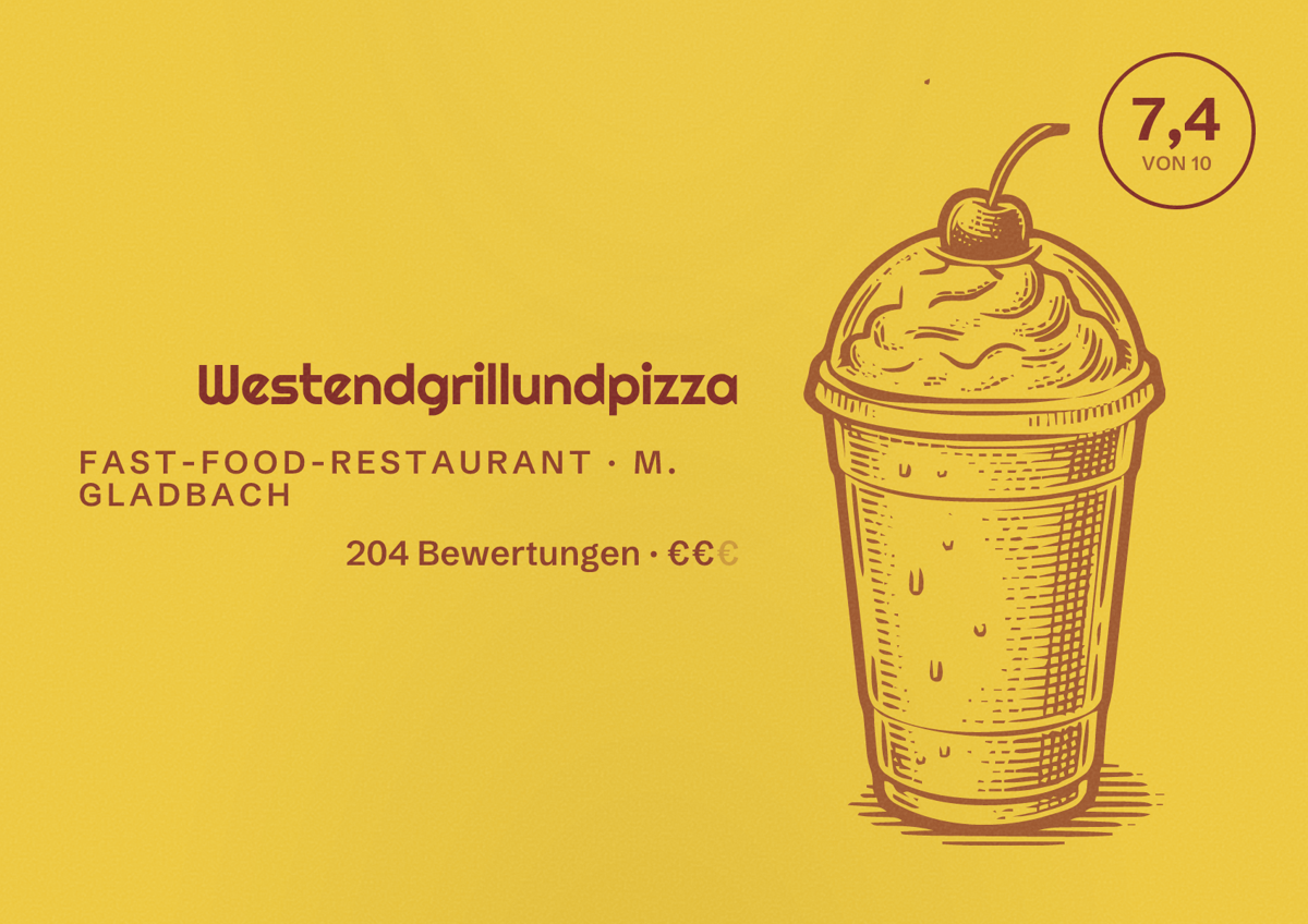 Illustriertes Poster von Westendgrillundpizza, Fast-Food-Restaurant in M. Gladbach: Bewertung 7,4 von 10 aus 204 Bewertungen, Preisniveau €€