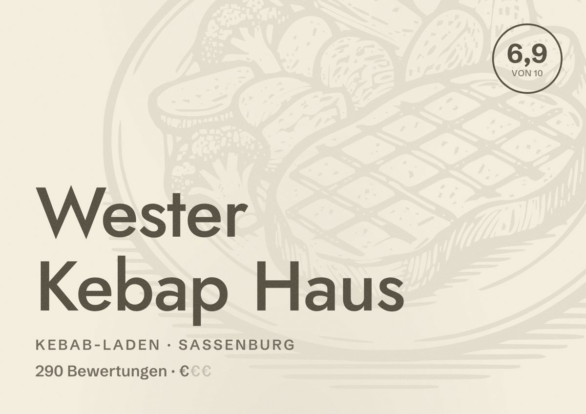 Illustriertes Poster von Wester Kebap Haus, Kebab-Laden in Sassenburg: Bewertung 6,9 von 10 aus 290 Bewertungen, Preisniveau €