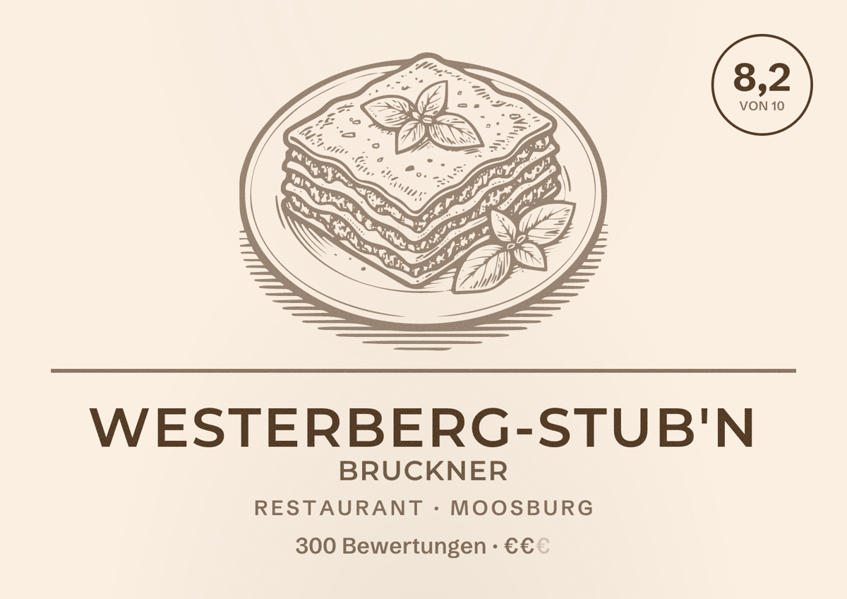 Illustriertes Poster von Westerberg-Stub'n Bruckner, Restaurant in Moosburg: Bewertung 8,2 von 10 aus 300 Bewertungen, Preisniveau €€