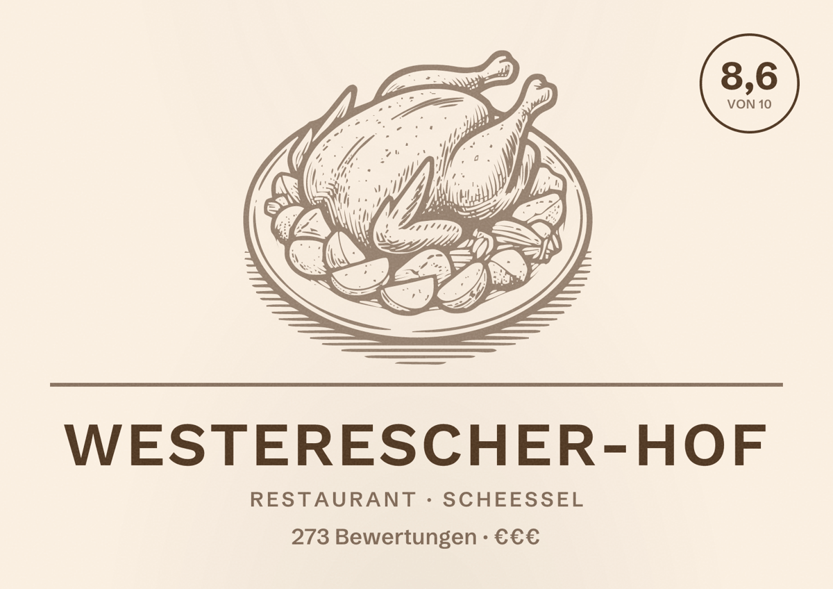 Illustriertes Poster von Westerescher-Hof, Restaurant in Scheeßel: Bewertung 8,6 von 10 aus 273 Bewertungen, Preisniveau €€€