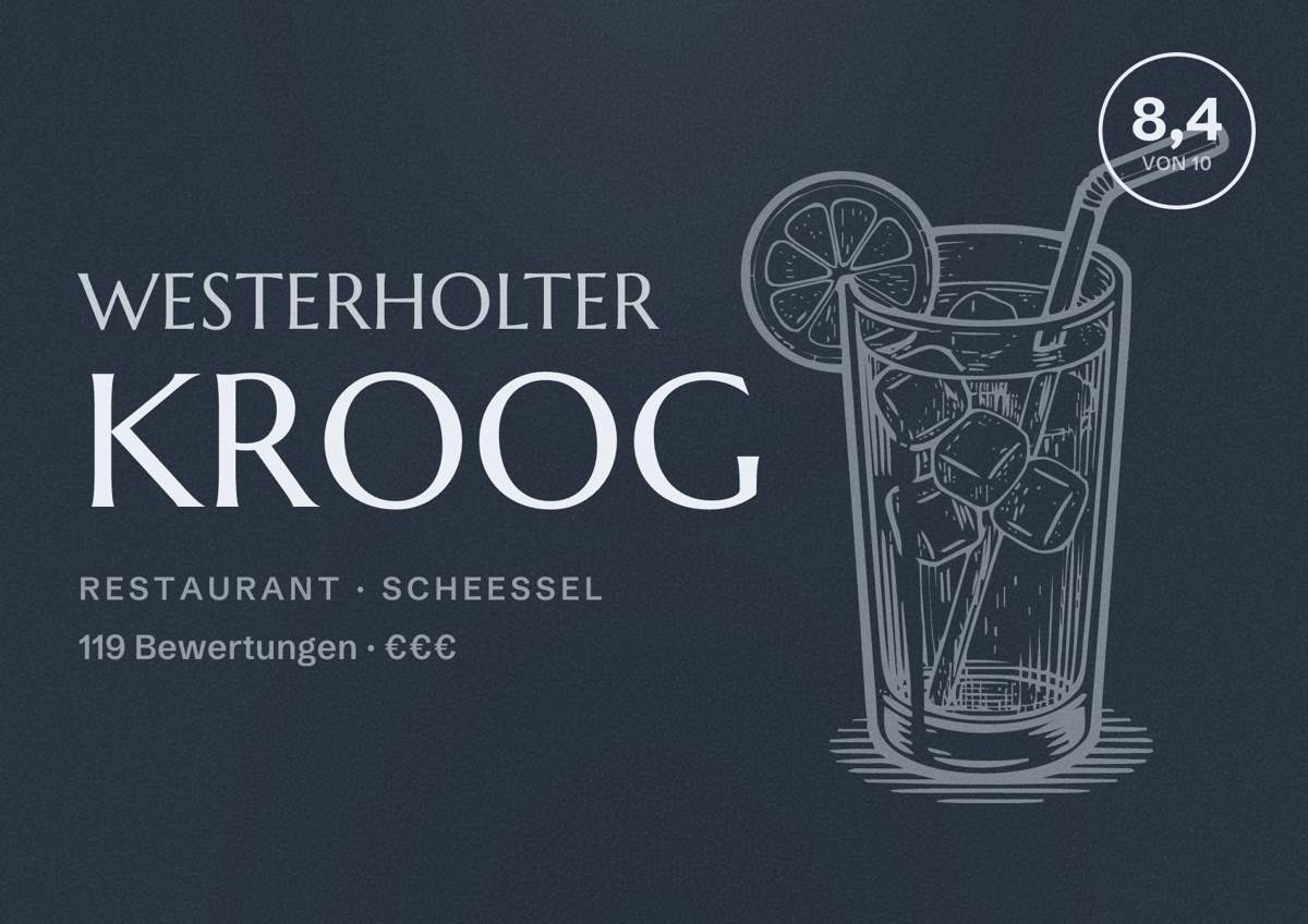 Illustriertes Poster von Westerholter Kroog, Restaurant in Scheeßel: Bewertung 8,4 von 10 aus 119 Bewertungen, Preisniveau €€€