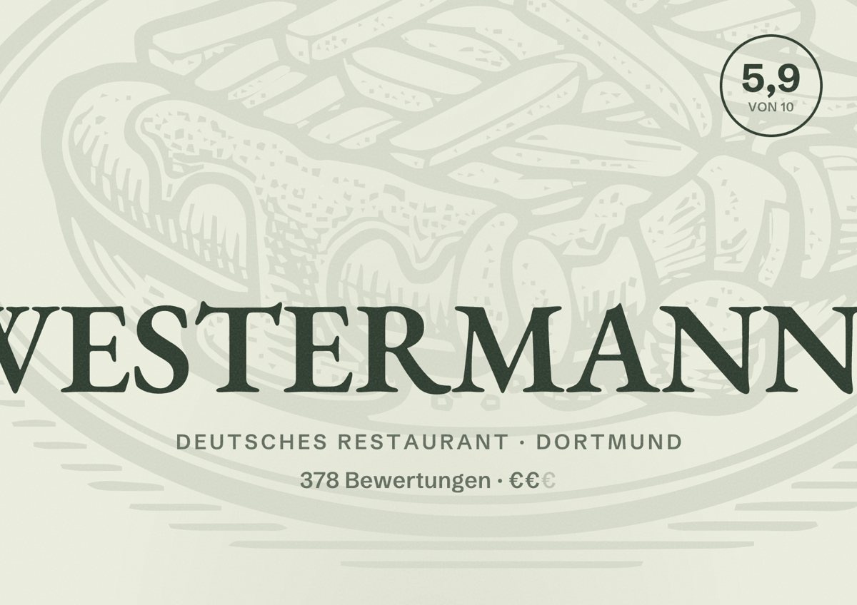 Illustriertes Poster von WESTERMANNS, Deutsches Restaurant in Dortmund: Bewertung 5,9 von 10 aus 378 Bewertungen, Preisniveau €€