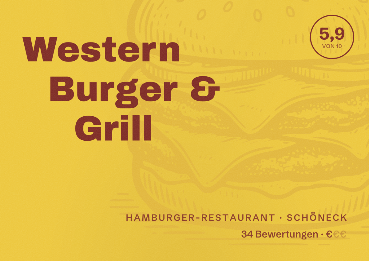 Illustriertes Poster von Western Burger & Grill, Hamburger-Restaurant in Schöneck: Bewertung 5,9 von 10 aus 34 Bewertungen, Preisniveau €