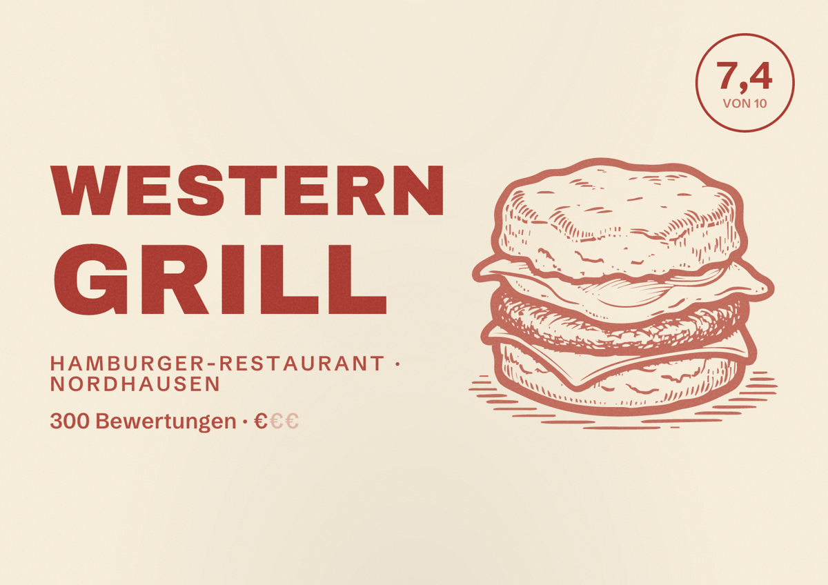 Illustriertes Poster von Western Grill, Hamburger-Restaurant in Nordhausen: Bewertung 7,4 von 10 aus 300 Bewertungen, Preisniveau €