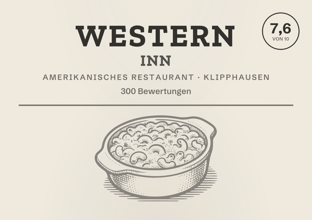 Illustriertes Poster von Western Inn, Amerikanisches Restaurant in Klipphausen: Bewertung 7,6 von 10 aus 300 Bewertungen