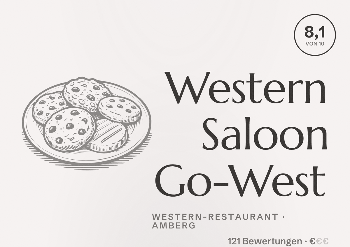 Illustriertes Poster von Western Saloon Go-West, Western-Restaurant in Amberg: Bewertung 8,1 von 10 aus 121 Bewertungen, Preisniveau €