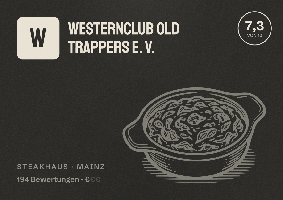 Illustriertes Poster von Westernclub Old Trappers e. V., Steakhaus in Mainz: Bewertung 7,3 von 10 aus 194 Bewertungen, Preisniveau €