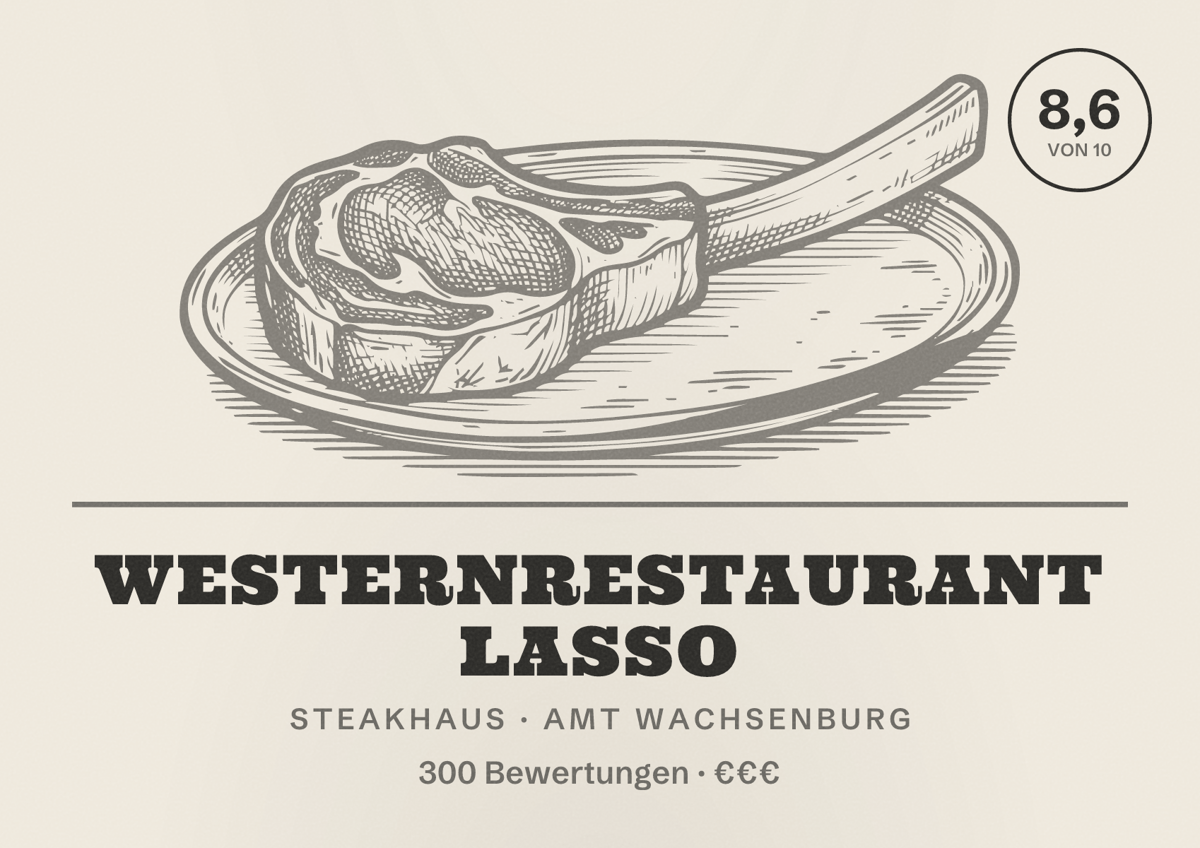 Illustriertes Poster von Westernrestaurant Lasso, Steakhaus in Amt Wachsenburg: Bewertung 8,6 von 10 aus 300 Bewertungen, Preisniveau €€€