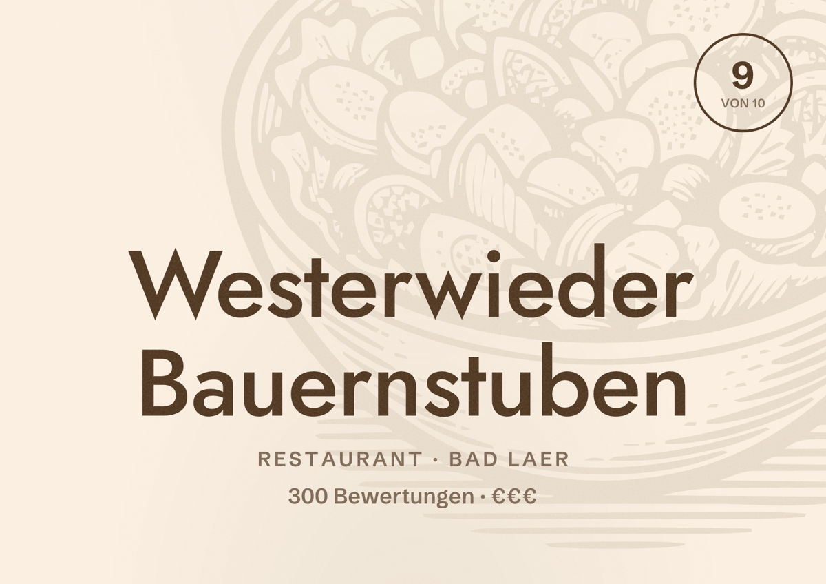Illustriertes Poster von Westerwieder Bauernstuben, Restaurant in Bad Laer: Bewertung 9 von 10 aus 300 Bewertungen, Preisniveau €€€