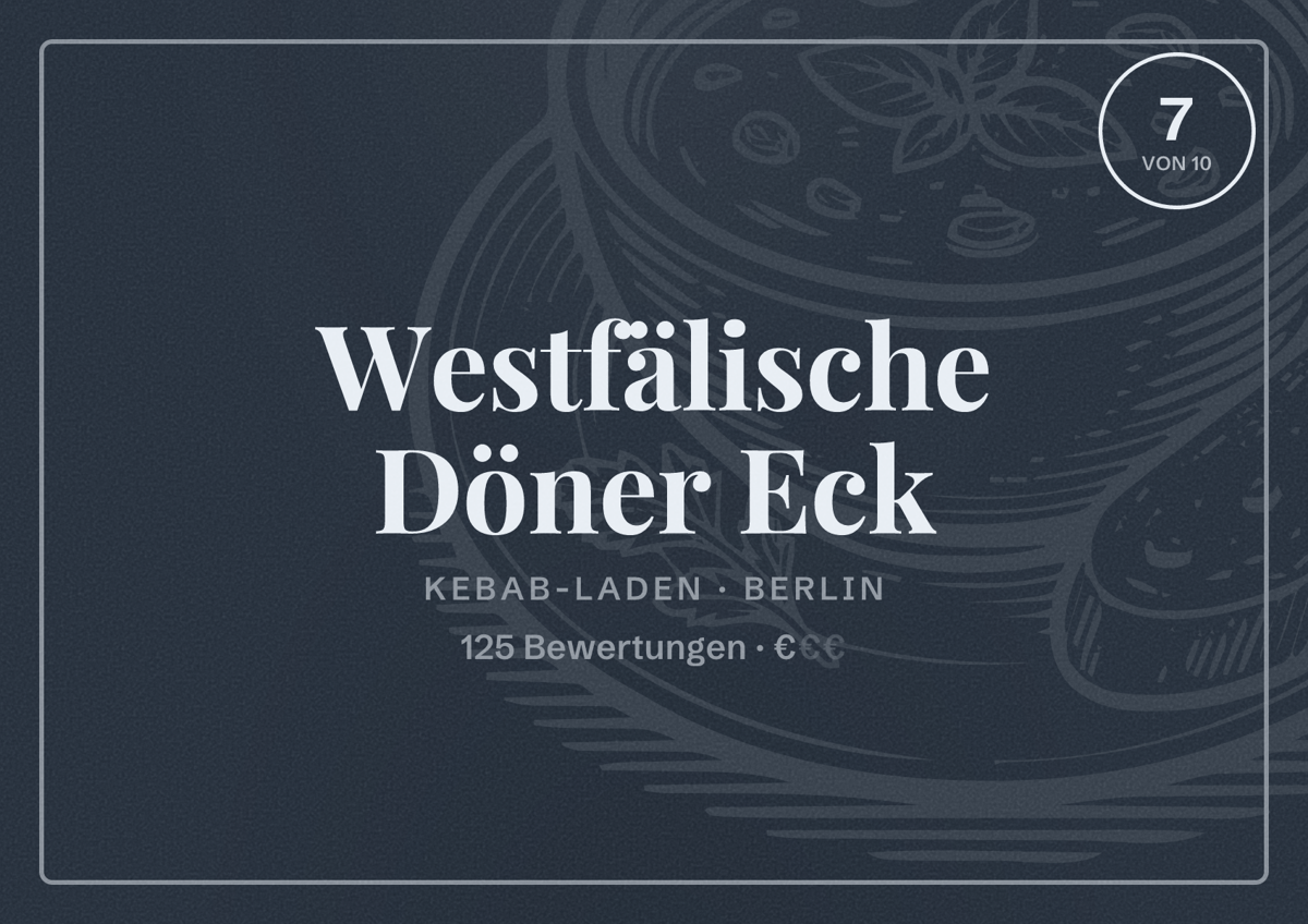 Illustriertes Poster von Westfälische Döner Eck, Kebab-Laden in Berlin: Bewertung 7 von 10 aus 125 Bewertungen, Preisniveau €