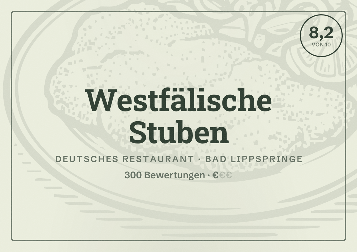 Illustriertes Poster von Westfälische Stuben, Deutsches Restaurant in Bad Lippspringe: Bewertung 8,2 von 10 aus 300 Bewertungen, Preisniveau €