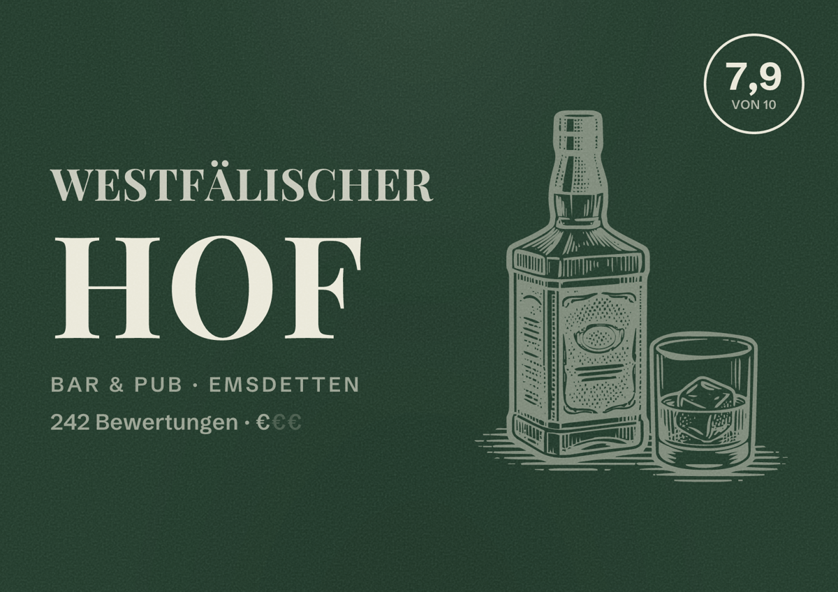 Illustriertes Poster von Westfälischer Hof, Bar & Pub in Emsdetten: Bewertung 7,9 von 10 aus 242 Bewertungen, Preisniveau €