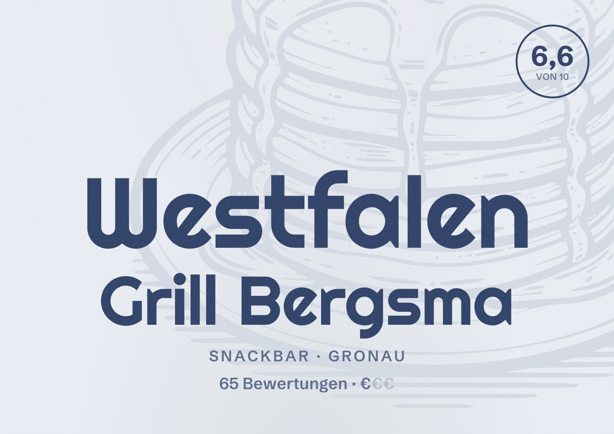 Illustriertes Poster von Westfalen Grill Bergsma, Snackbar in Gronau: Bewertung 6,6 von 10 aus 65 Bewertungen, Preisniveau €