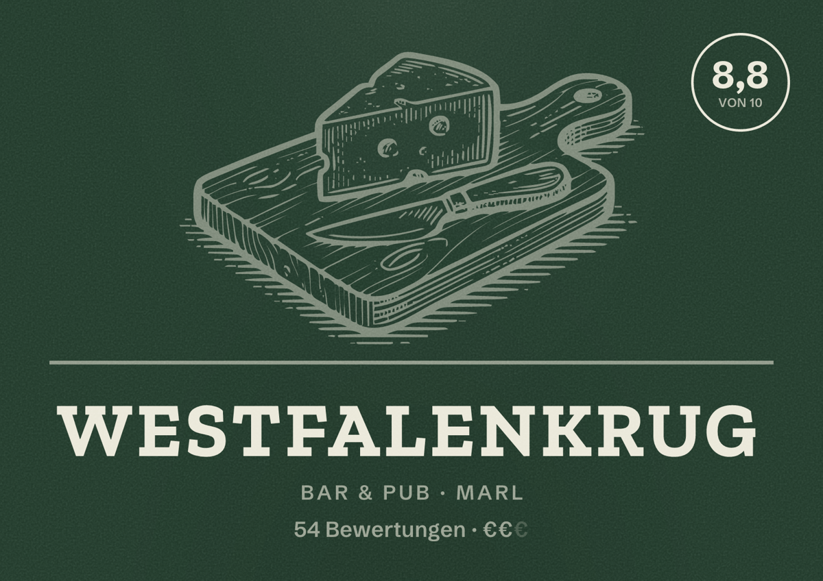 Illustriertes Poster von Westfalenkrug, Bar & Pub in Marl: Bewertung 8,8 von 10 aus 54 Bewertungen, Preisniveau €€