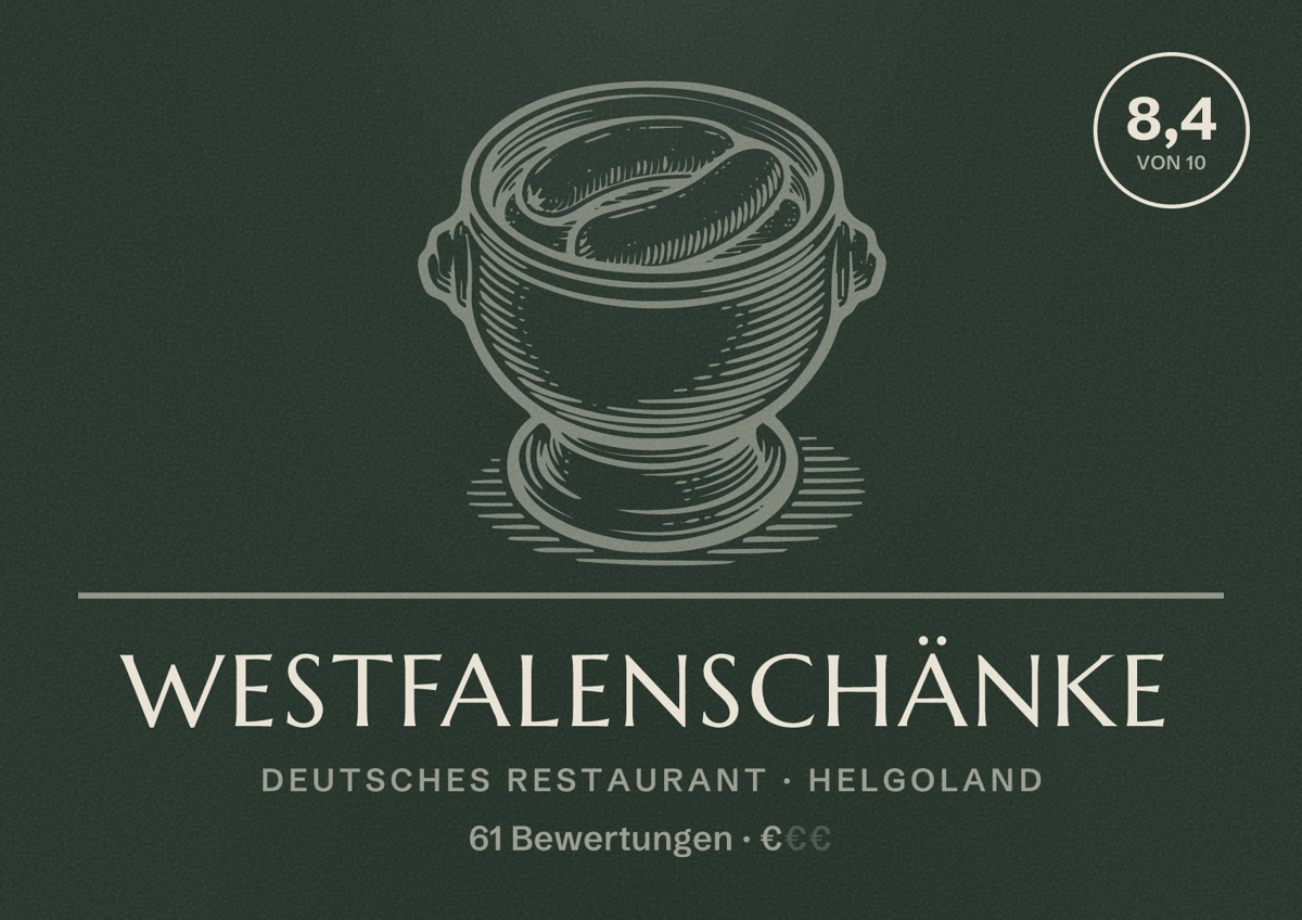 Illustriertes Poster von Westfalenschänke, Deutsches Restaurant in Helgoland: Bewertung 8,4 von 10 aus 61 Bewertungen, Preisniveau €