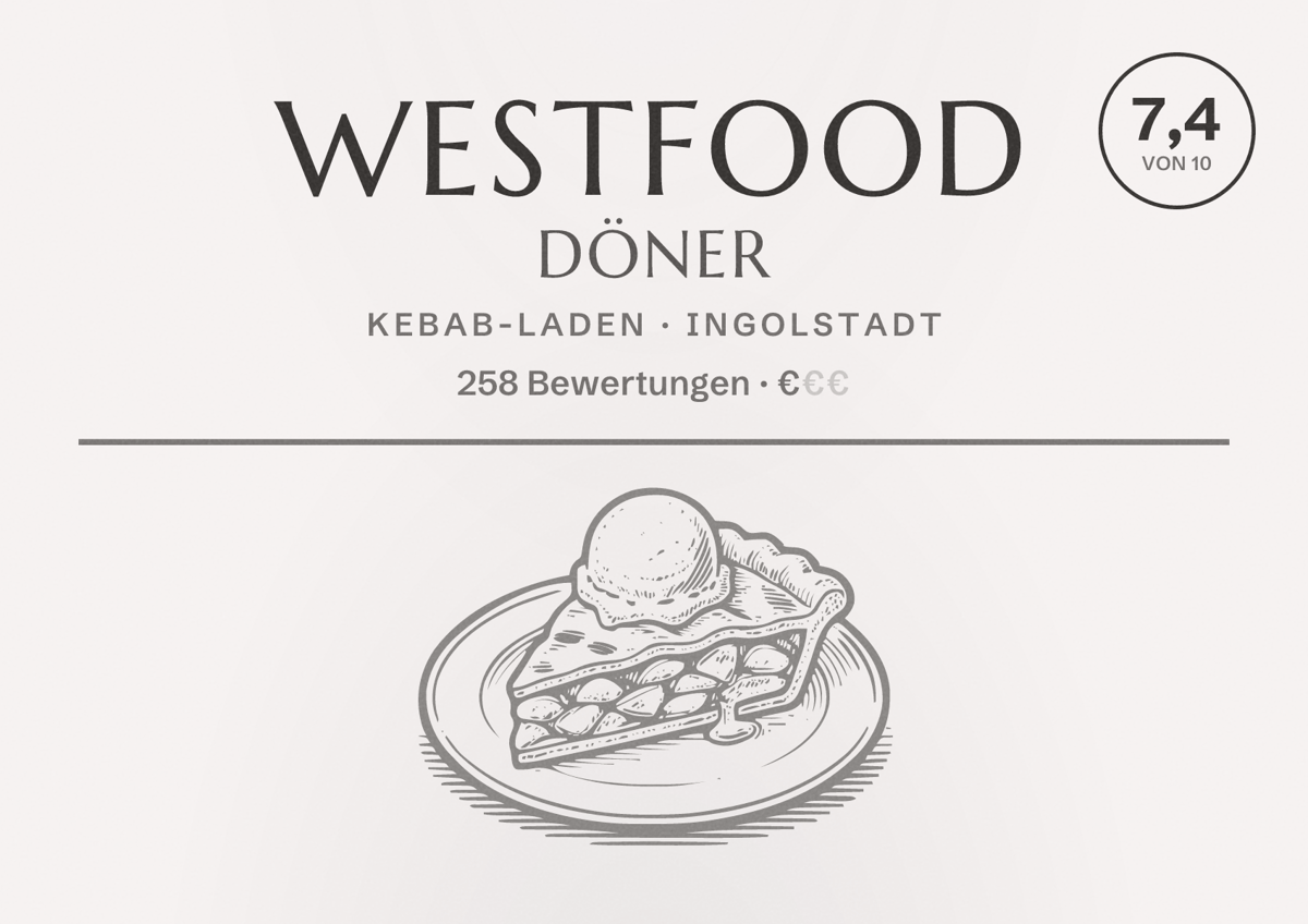 Illustriertes Poster von Westfood Döner, Kebab-Laden in Ingolstadt: Bewertung 7,4 von 10 aus 258 Bewertungen, Preisniveau €