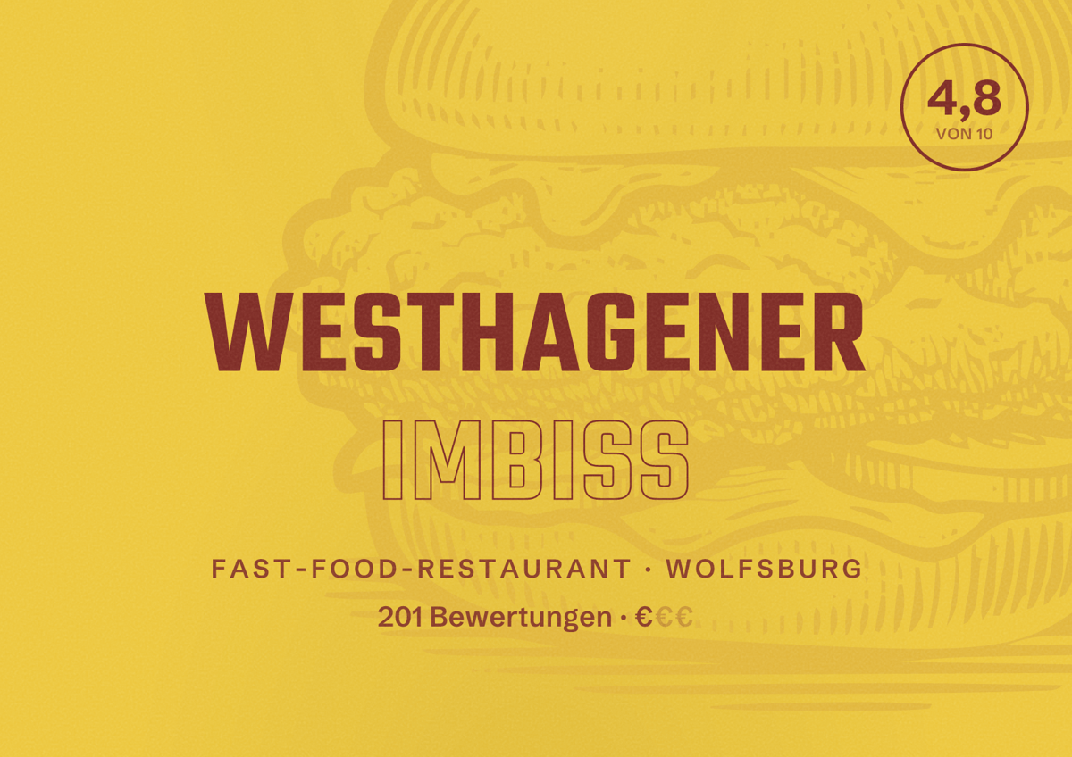 Illustriertes Poster von Westhagener Imbiss, Fast-Food-Restaurant in Wolfsburg: Bewertung 4,8 von 10 aus 201 Bewertungen, Preisniveau €