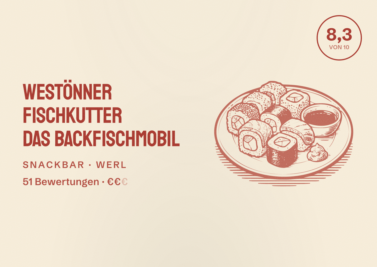 Illustriertes Poster von Westönner Fischkutter Das Backfischmobil, Snackbar in Werl: Bewertung 8,3 von 10 aus 51 Bewertungen, Preisniveau €€