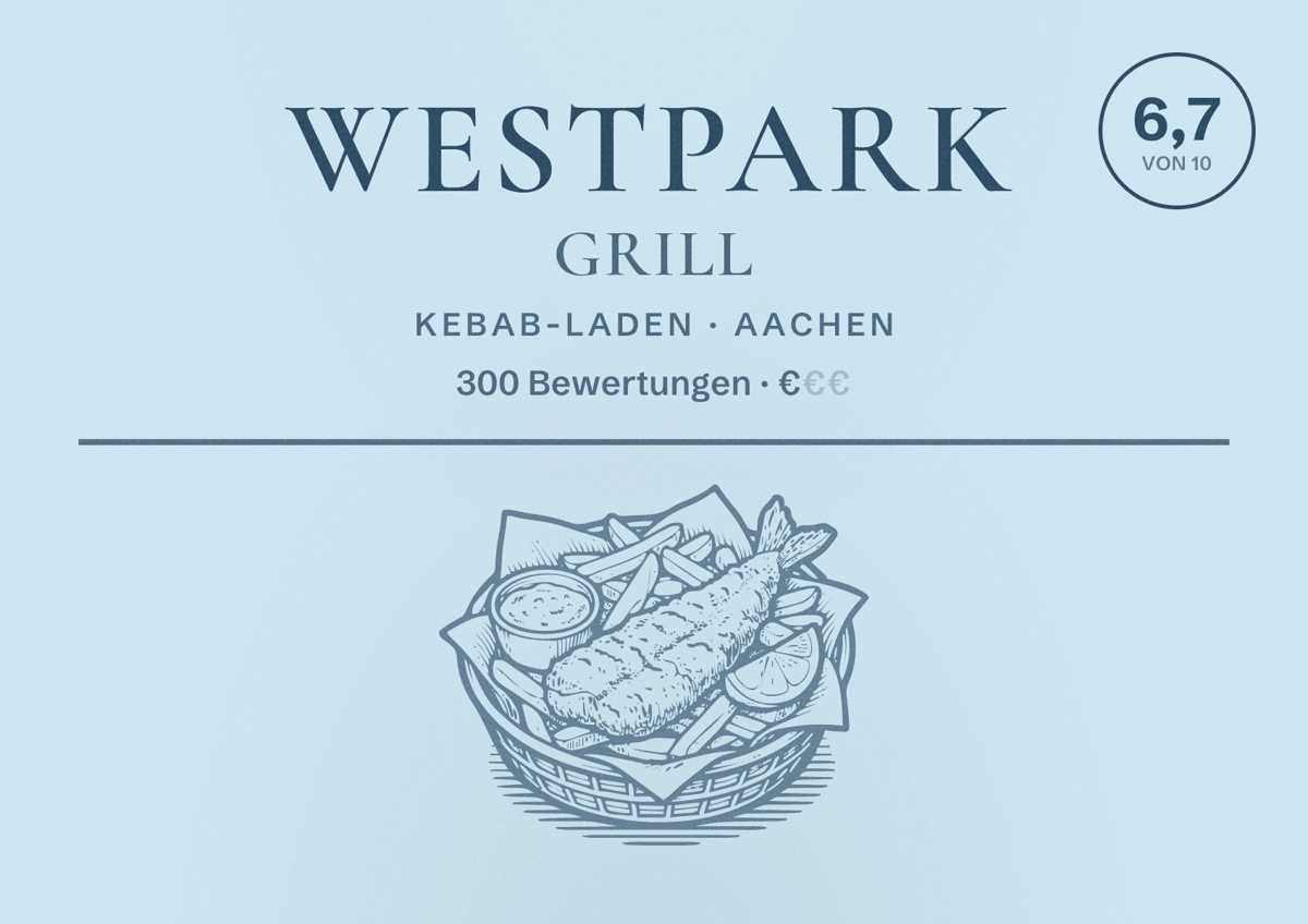 Illustriertes Poster von Westpark Grill, Kebab-Laden in Aachen: Bewertung 6,7 von 10 aus 300 Bewertungen, Preisniveau €