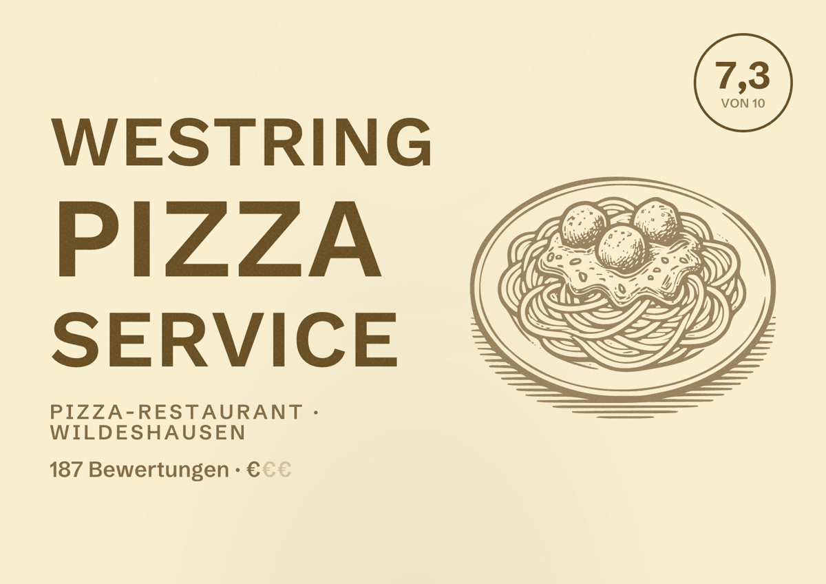 Illustriertes Poster von Westring Pizza Service, Pizza-Restaurant in Wildeshausen: Bewertung 7,3 von 10 aus 187 Bewertungen, Preisniveau €