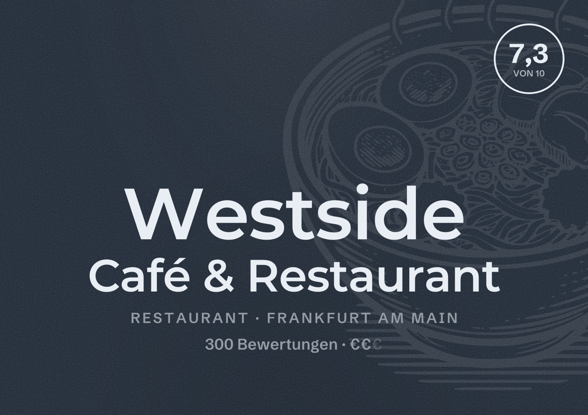 Illustriertes Poster von Westside Café & Restaurant, Restaurant in Frankfurt am Main: Bewertung 7,3 von 10 aus 300 Bewertungen, Preisniveau €€