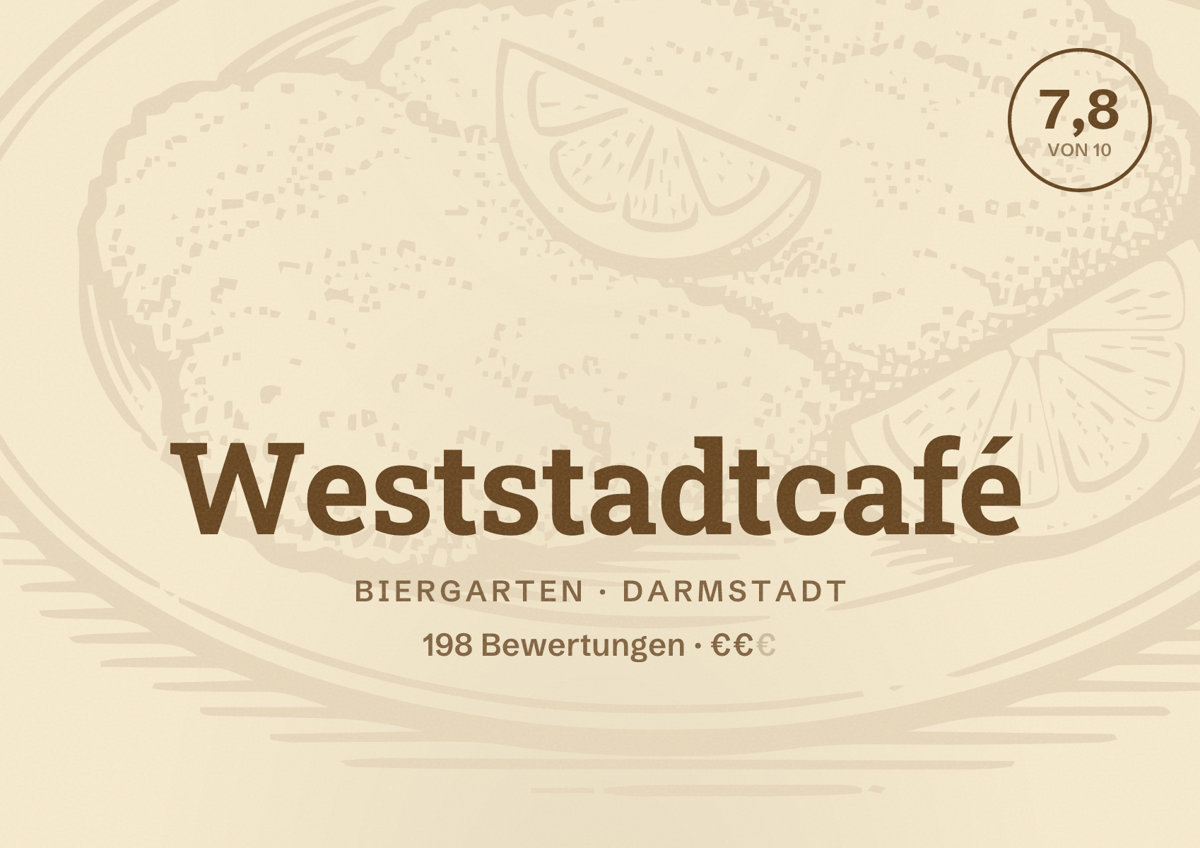 Illustriertes Poster von Weststadtcafé, Biergarten in Darmstadt: Gästebewertung 7,8 von 10 aus 198 Bewertungen