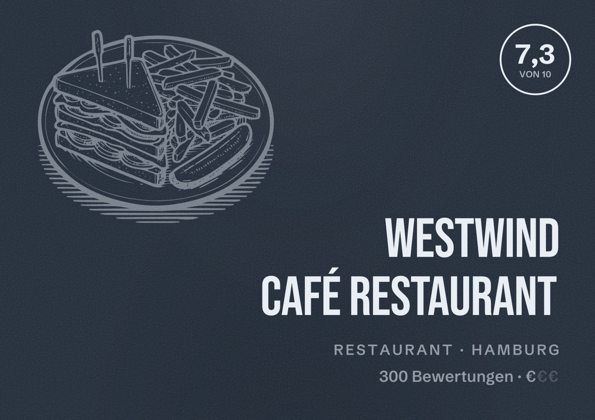 Illustriertes Poster von Westwind Café Restaurant, Restaurant in Hamburg: Bewertung 7,3 von 10 aus 300 Bewertungen, Preisniveau €